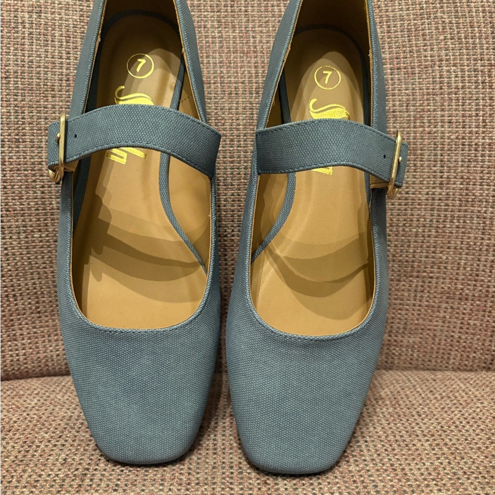 Classic Mary Jane Flats in Slate Blue with Buckle - Picture 2 of 6